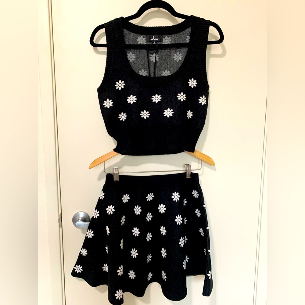 Counting Daisies Black Floral Print Two-Piece Knit Skater Dress